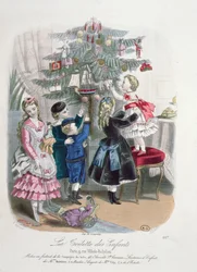 Dekorieren des Weihnachtsbaums, Werbung für La Toilette des Enfants, graviert von P. Derfermeville, 1872